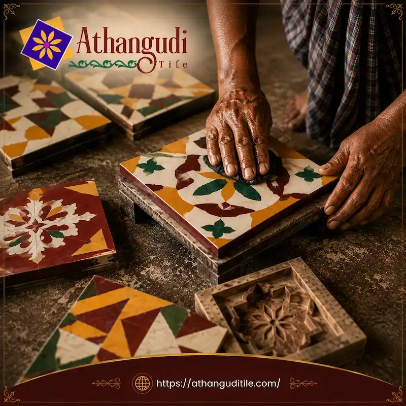 Handcrafted Athangudi tiles with traditional colorful patterns