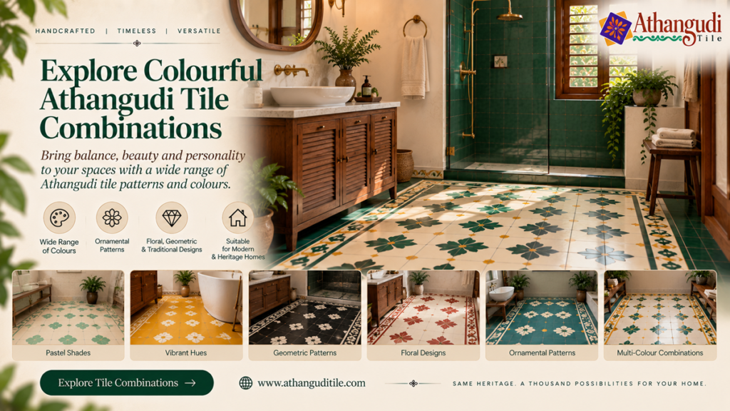 Colourful Athangudi tile combinations in a traditional Indian bathroom with floral and geometric patterns