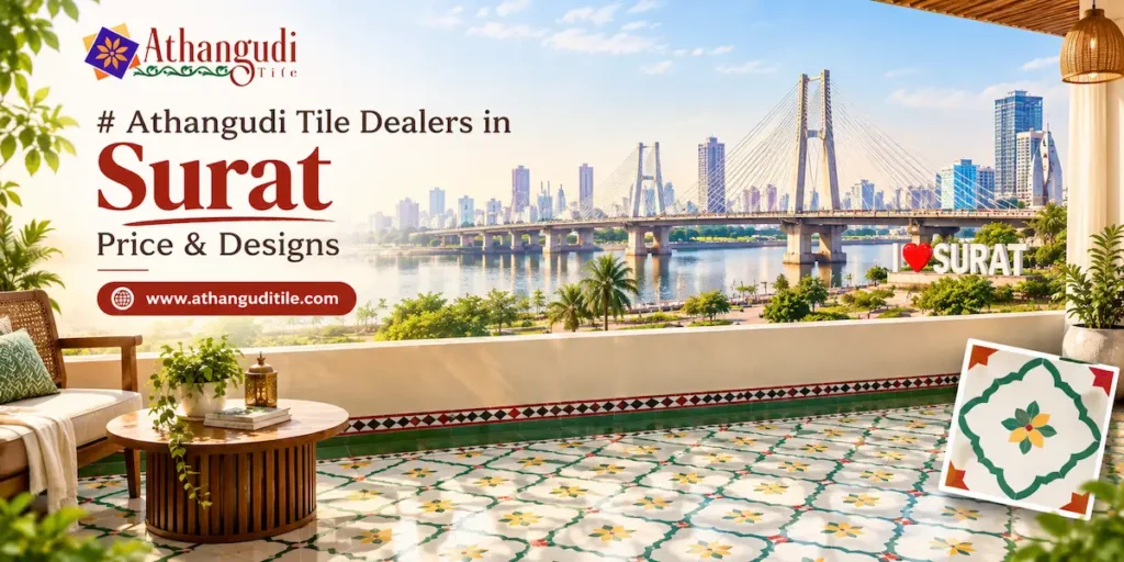 Athangudi tile dealers in Surat featuring traditional patterned tiles, tile designs and Surat city view