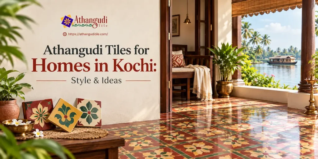 Athangudi tiles for homes in Kochi with colorful traditional flooring and Kerala-inspired interiors