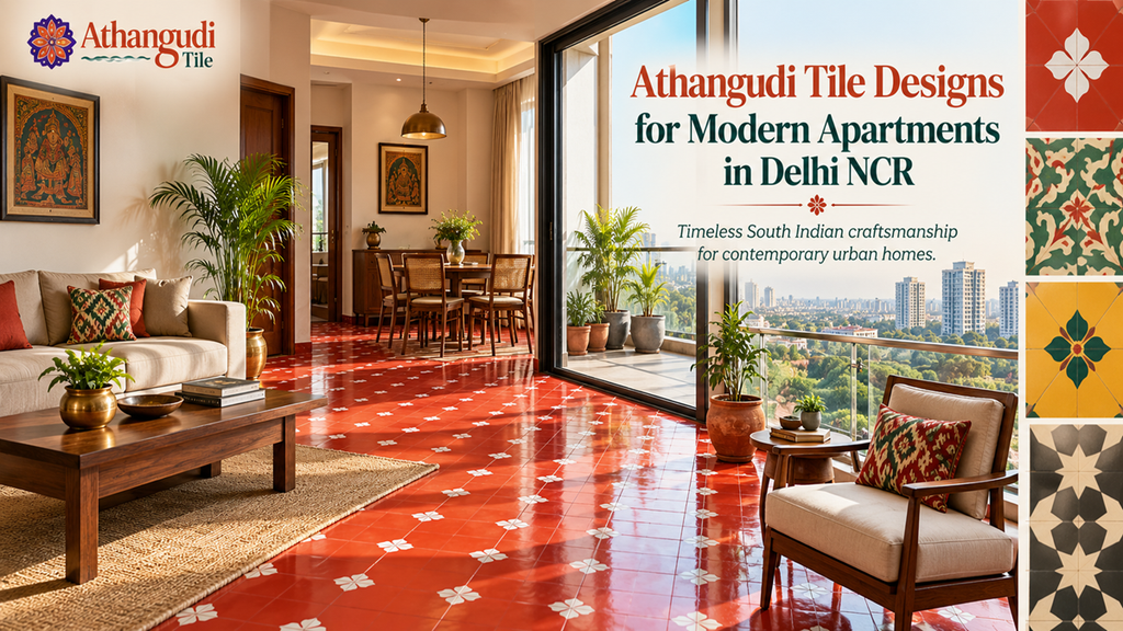 Athangudi tile designs for modern apartments in Delhi NCR with traditional red floral patterned flooring